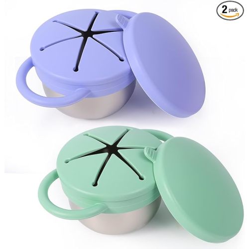 2 Pack Stainless Steel Spill Proof Snack Cup for Baby Toddlers Kids, with Silicone Food Catcher, Travel Lid, Spill-Proof Bowl Containers, Toddlers Essentials, Non Toxic BPA Free