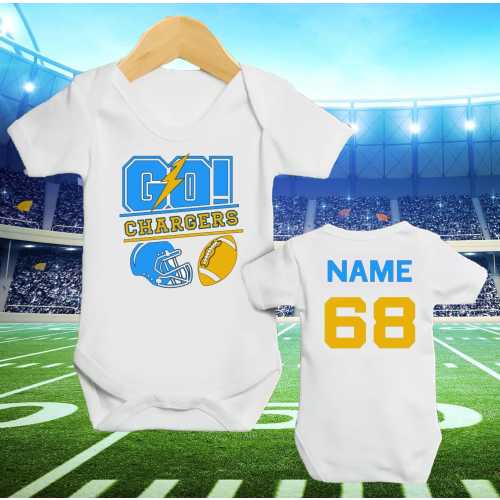 Personalized baby clothing, Cute and soft football inspired sleepsuit, personalized chargers football vest for babies newborn gift.