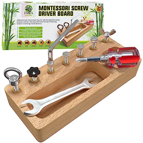 Panda Brothers Montessori Screwdriver Board Set - Wooden Montessori Toys for 4 Year Old Kids and Toddlers, Sensory Bin, Fine Motor Skills, STEM Toys