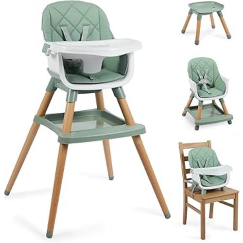 8 in 1 Wooden High Chairs for Babies Toddlers, Convertible to Booster Seat, Baby Feeding Highchair w/ 5-Point Safety Harness, Removable Tray & Cushion, Green