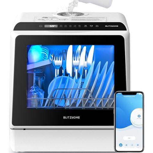 BLITZHOME Portable Dishwasher Countertop, WIFI Smart Dishwasher, Compact Dishwashers with 5L Built-in Water Tank, 6 Programs, 360° Dual Spray, High-Temp& Air-Dry Function, Fruit Cleaning
