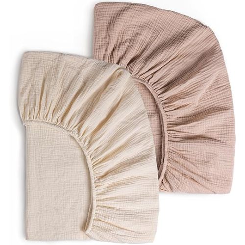Muslin Crib Sheets for Girls Boys, 2 PCS Soft and Breathable Fitted Baby Sheet for 52" x 28" Standard Crib Mattress and Toddler Bed (Beige, Blush)