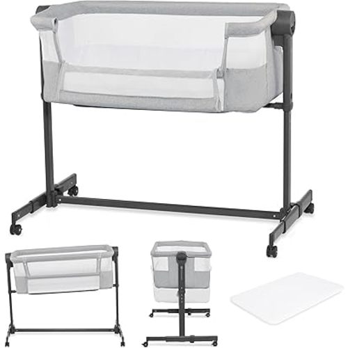 Kinderkraft Neste UP2 Bedside Crib 2 in 1, Co-Sleeper from Birth, Travel Crib for Newborn, Adjustable Height, Included Mattress Sheet, with 4 Wheels, Breathable Mesh, Gray