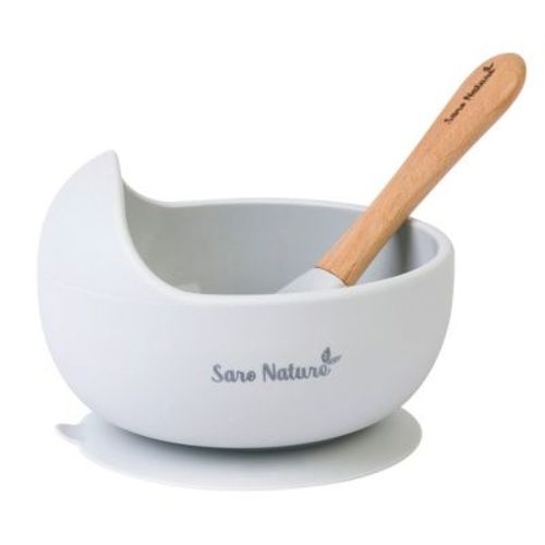 SARO "Nordic Wave" Silicone Baby Feeding Set - Glacier Grey: Suction Bowl & Wooden Spoon for Baby-Led Weaning