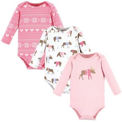 Hudson Baby Infant Girl Cotton Long-Sleeve Bodysuits, Pink Moose Bear
