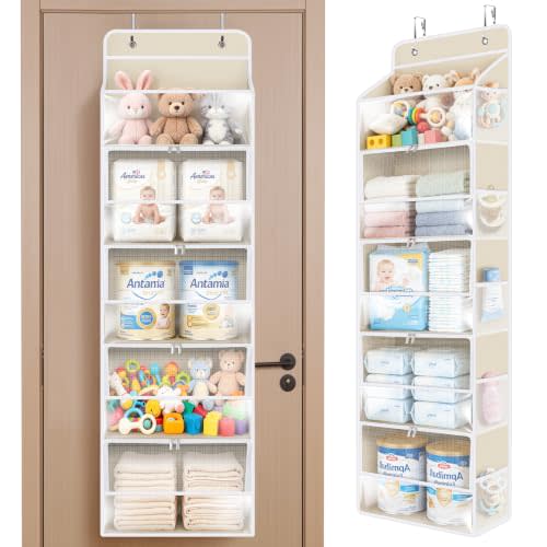 Univivi Over the Door Organizer for Baby Nursery, 5-Shelf, Light Beige | Quality Breathable Fabric, 5 Large Compartments with Mesh Pockets for Nursery, Laundry, and Bathroom