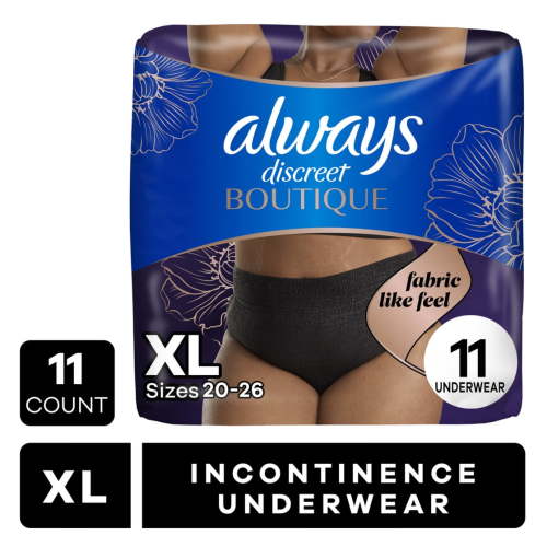 Always Discreet Boutique Incontinence and Postpartum Underwear for Women, Maximum Protection, XL, Black, 11 Count HSA/FSA Eligible