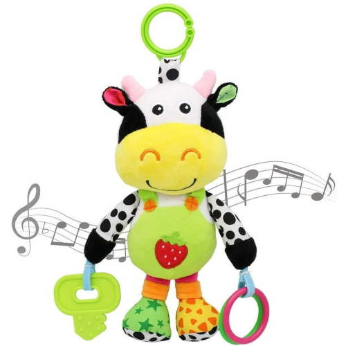 UISHUSO Baby Car Seat Toy, Cow Plush Rattle with 24 Music Tunes, Teether, Hanging Infant Stroller Toy, 0-12 Months