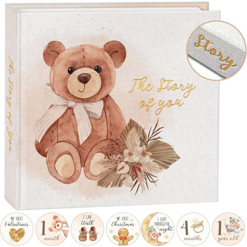 Elegant Gender-Neutral Baby Memory Book - 5-Year Journal + Keepsake Sleeve, 24 Milestone Stickers & Photo Album