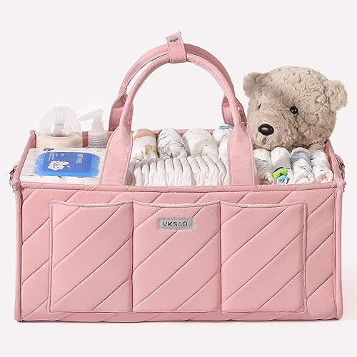 VKSAO Pink Diaper Caddy Organizer – Portable Storage Basket with Shoulder Strap & Stroller Hooks, Splashproof Quilted Nursery & Car Tote for Baby Girl Shower Gift, Baby Registry, Blush Pink