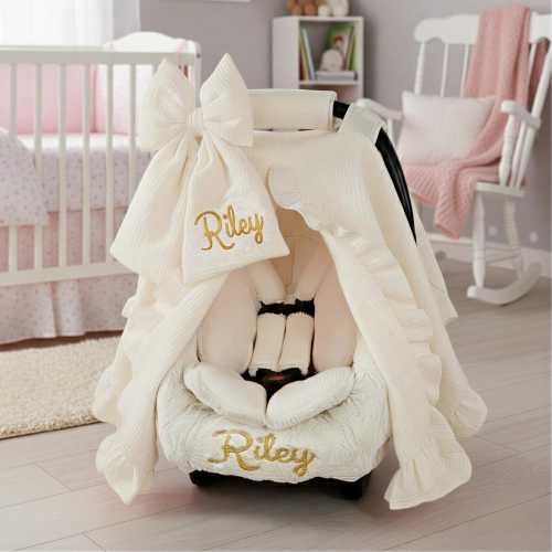 Personalized Ivory Muslin Baby Car Seat 6pc Set - Embroidered Bow and Minky Liner - Breathable Summer Canopy - Head & Body Support Insert
