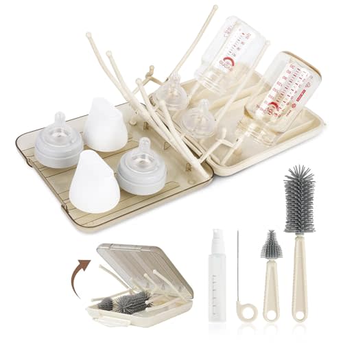 Baby Bottle Brush Set, 6-in-1 Travel Bottle Cleaner Kit with Silicone Bottle Brush, Nipple & Straw Brush, Soap Dispenser, Drying Rack, Storage Box – Compact Baby Travel Essential for Home & On-The-Go