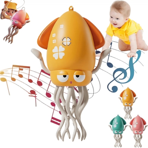Dancing Octopus for Kids, Electric Auto-Avoid Crawling Dancing Squid Toys with Lights & Music, Tummy Time Toys Gifts for Toddlers Ages 1-3(Yellow)