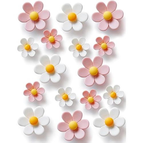 Mymazn Fridge Magnets Cute Refrigerator Magnets Colorful Decorative Magnets 3D Flower Magnets for Office Kitchen Locker 16PCS Pink White (8 Small+8 Large)
