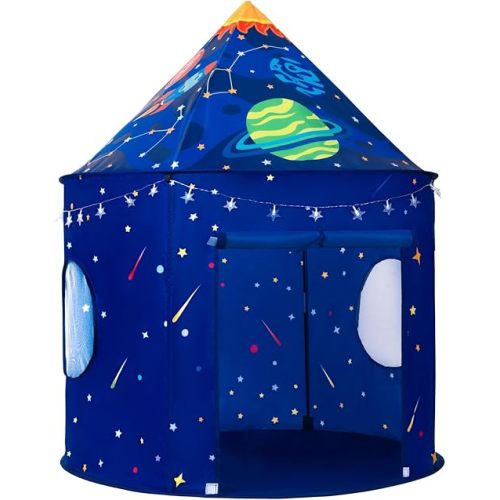 Rocket Space Ship Play Tent for Kids with Star Lights, Astronaut Themed Pop-Up Playhouse for Indoor & Outdoor, Foldable Space Adventure Gift for Boys and Girls