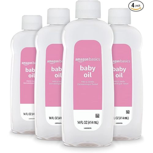 Amazon Basics Baby Oil, Mild & Gentle, Dermatologist Tested, Prevents Moisture Loss, Dry Skin Relief, 14 fl oz, 4-Pack (Previously Solimo)
