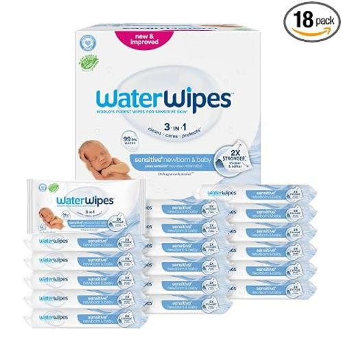 WaterWipes Sensitive+ Newborn & Baby Wipes, 3-In-1 Cleans, Cares, Protects, 99.9% Water, Unscented & Hypoallergenic, 1080 Count (18 Packs)