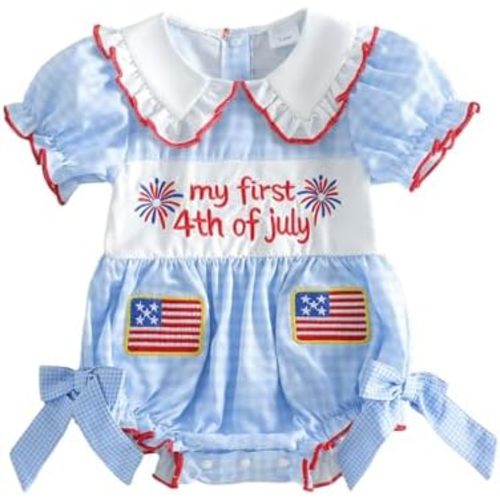 Bonangber Baby Girl Summer Clothes Classic Stripes Plaid Print Short Sleeve Romper Smocked Bodysuit Cute Newborn Playsuit