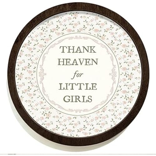 SkyCozy Vintage Floral Girl Nursery Framed Wall Art Decor, Thank Heaven for Little Girls Pink Floral Round Wooden Hanging Wall Decor for Toddler Girls Nursery Room Bedroom Playroom, 10x10 Inch