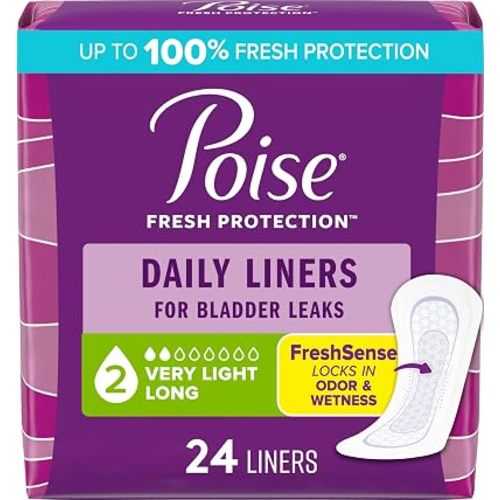 Poise Daily Liners, Incontinence Panty Liners for Bladder Leaks, 2 Drop Very Light Absorbency, Long Length, 24 Count of Pantiliners, Packaging May Vary
