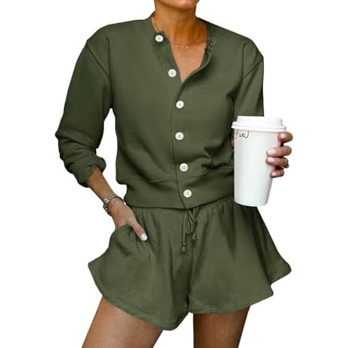 Tankaneo Womens 2 Piece Outfits Sweatsuit Button Down Tops and Shorts Casual Matching Lounge Set Travel Tracksuit