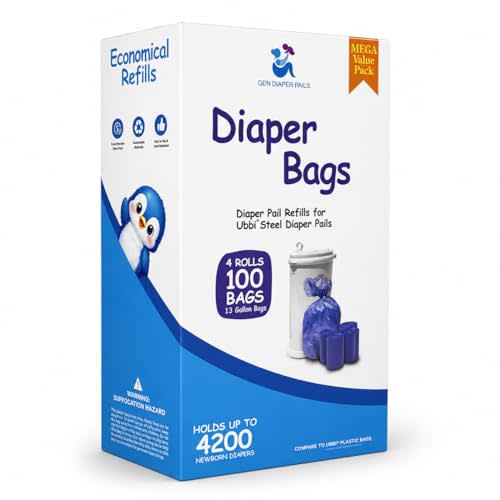 Diaper Pail Refill Bags for Ubbi, 100 Count, 4 Rolls, Odor Control | Compatible with Ubbi diaper pails; tear-resistant multi-layer bags with fresh powder scent for secure fit and odor control.