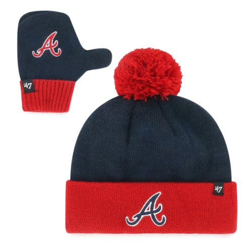 Toddler Atlanta Braves '47 Navy Bam Bam Cuffed Knit Hat with Pom & Mittens Set