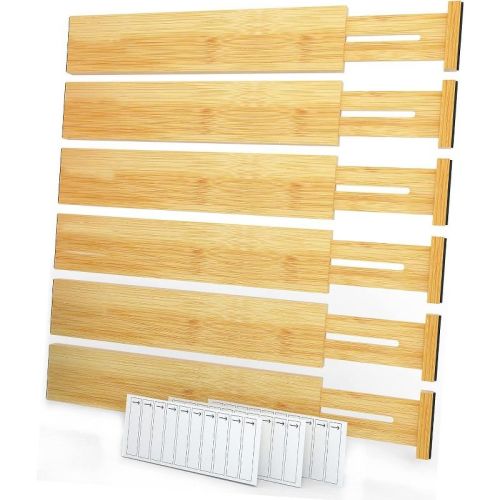 Set of 6 Bamboo Expandable Drawer Dividers with Labels (13.5-17 in)