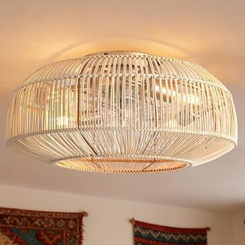 Boho Caged Ceiling Fan with Light, 20" Rattan Flush Mount Ceiling Fans with Lights Remote Contro, Bladeless Enclosed Fandelier Fan Safe for Bedroom, Living room, Nursery
