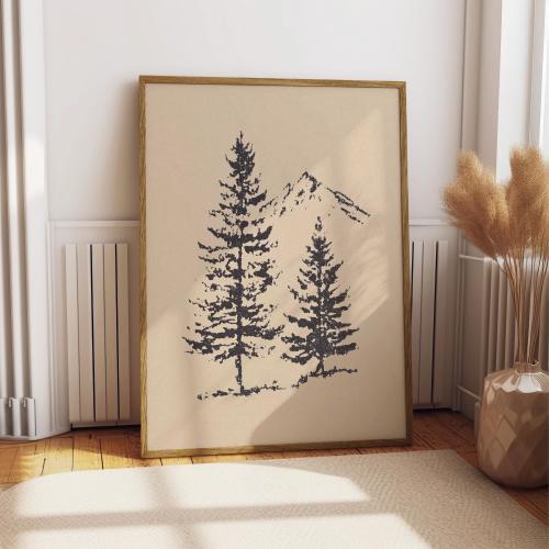 Forest Pine Tree Wall Art Print, Rocky Mountain Landscape Drawing, Minimalist Spruce Tree Poster, Rustic Outdoors Decor
