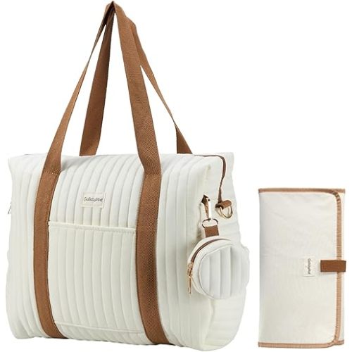 3-Piece Diaper Bag Tote Set with Changing Pad & Pacifier Case, Cotton Maternity Travel Bag (Medium - Beige)