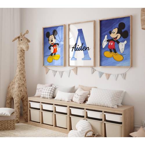 Custom Mickey Mouse Wall Art Set of 3 Prints Personalized Name Sign Boy Room Decor Printable, Custom Name Print, Boys Nursery Decor