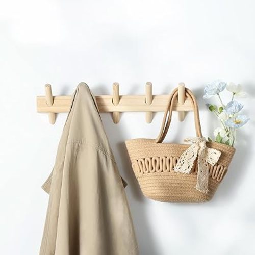 Solid Wooden Coat Rack Wall Mount,Removable Wood Wall Hooks for Hanging,Installation in Entrances Bathrooms and Utility Rooms for Storage(Natural, 5 Hooks)