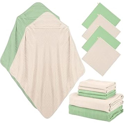 Preboun 6 Pcs Muslin Hooded Baby Towels and Washcloths 32"x 32" Cotton Newborn Bath Towel Anti-Shrink Infant Baby Blankets with Hood 12"x 12" Washcloths for Girl Boy Toddler(Ivory,Green)