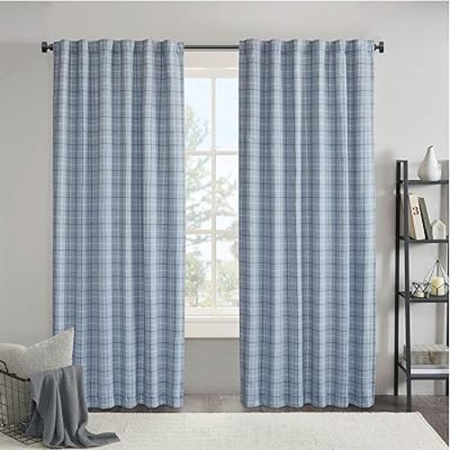 Madison Park Window Curtain for Living Room Thermal Insulated Fleece Lining, Cabin Plaid Curtain Room Darkening Window Drapes Bedroom, Anaheim, 1-Single Panel Pack, 50" x 108" Rod Pocket, Denim Blue