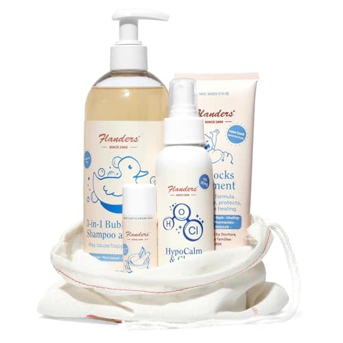 Flanders Baby Care Kit | Healing Balm Stick, Diaper Rash Ointment, Hypochlorous Spray & 3-in-1 Bubble Bath Shampoo | Sensitive Skin Baby Care Essentials with Drawstring Gift Bag