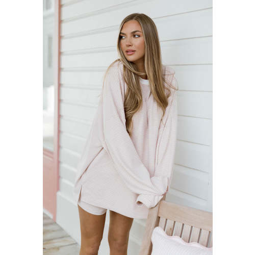 Naomi Striped Oversized Fleece Long Sleeve Top in Blush - Bump Friendly