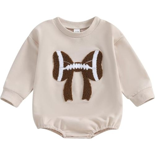 Karuedoo Newborn Baby Boy Girl Football Outfit Football Bow Sweatshirt Romper Oversized Long Sleeve Bubble Romper Bodysuit