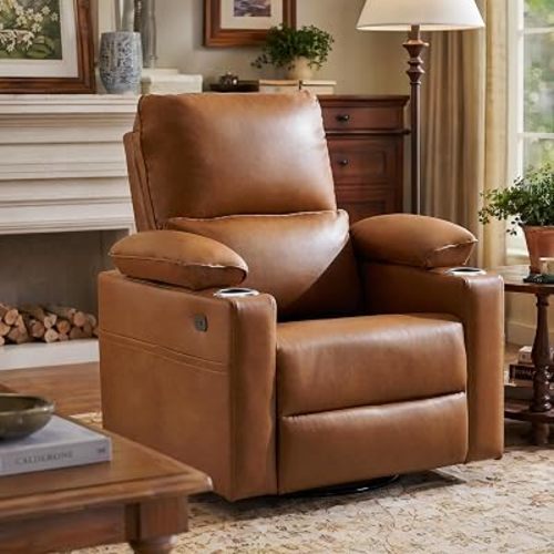 270° Swivel Rocker Recliner with Adjustable Armrests,Oversized Power Nursery Recliner with USB Port,Rocking Chair Nursery with One-Touch Reset,Double Cup Holder,Faux Leather,Camel