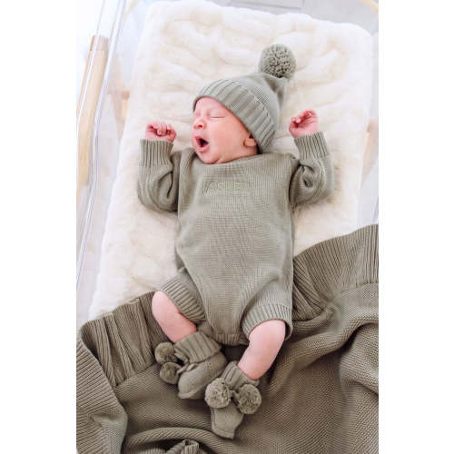 Embroidered Knit Sweater Bubble Romper in Smoke | Caden Lane
