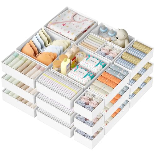 DIMJ Drawer Organizer Clothes 24 Pack - Foldable Baby Organizers and Storage & Dresser Organizer for Bedroom, Closet - Nursery Organization Dresser Dividers for underwear, Sock,Bra, Belt, Tie, White