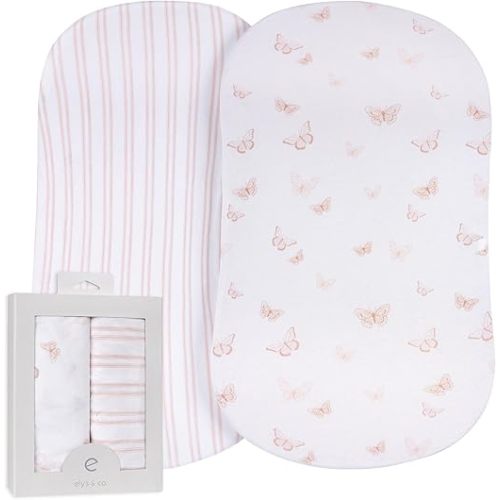 Ely’s & Co. Bassinet Sheets, Baby Girl Fitted Bassinet Mattress Sheet Set - 2 Pack, 100% Jersey Knit Cotton, fits Oval, Hourglass and Rectangle Mattress, Pink Butterly + Stripe, 32”x16”x3”