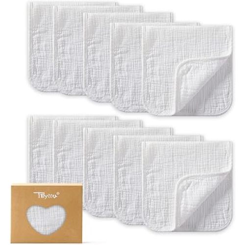 TILLYOU Muslin Burp Cloths Baby Boy Girl 20" x 10", 6-Layer Absorbent 100% Cotton Burping Cloths Large Soft, 10 Pack(White)