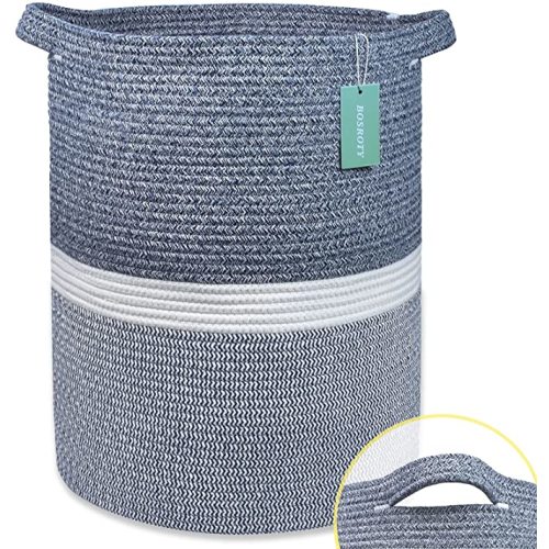 BOSROTY Large Blanket Basket, Nursery Hamper, Tall Laundry Basket 72L, Cotton Rope Woven Laundry Hamper for Storage Toys Clothes Towels, 16”x 22”, Blend Navy Blue & White