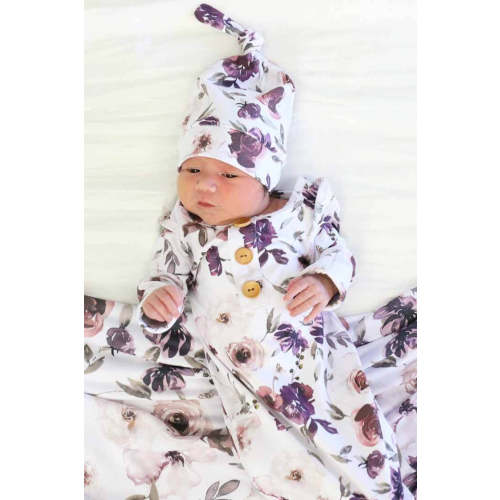 Demi's Dusty Purple Floral Newborn Baby Knot Gown & Hat Set | Caden Lane