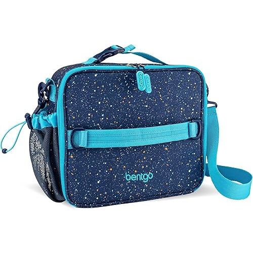 Bentgo Kids Lunch Bag - Double-Insulated, Reusable Lunch Bag for Kids 3+ with Adjustable Strap; Holds Lunch Box/Water Bottle/Snacks; Easy-Clean, Water-Resistant & Pockets (Confetti - Abyss Blue)