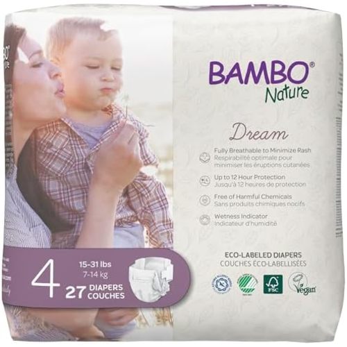 Bambo Nature Hypoallergenic Dream Baby Diapers, Eco-Labeled Sustainable Diapers, Enhanced Leakage Protection, Totally Chlorine-Free, Skin Friendly, and Super Absorbent - Size 4 (15-31lbs) - 27 Count