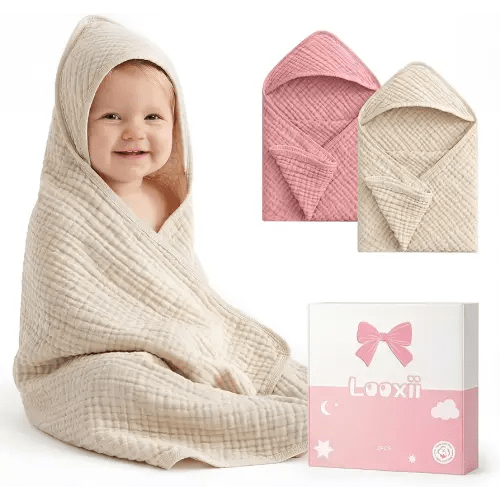 Looxii Baby Bath Towels 2 Pack Muslin Hooded Baby Towels for Newborn and Infants, 100% Cotton, Large 32x32Inch, Soft and Absorbent Beige+Pink