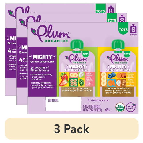 (3 pack) Plum Organics® Tots Mighty 4 Food Group Blend Strawberry/Banana & Banana/Blueberry 4oz Pouch-8-Pack