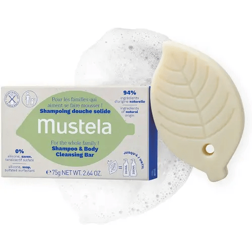 Mustela Solid Shampoo & Body Cleansing Bar for Baby, Kid & Adult - with Avocado Oil & Olive Oil - Fragrance-Free, Plastic-Free, Vegan & Biodegradable Formula - 2.64 oz.